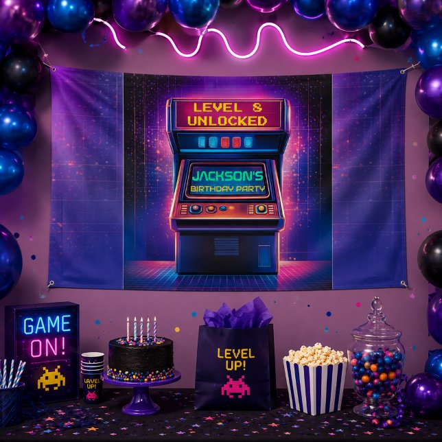 Retro Arcade Level Up Birthday Party Banner (Creator Uploaded)