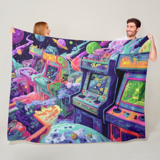 Retro Arcade Machines in Space Fleece Blanket (In Situ)