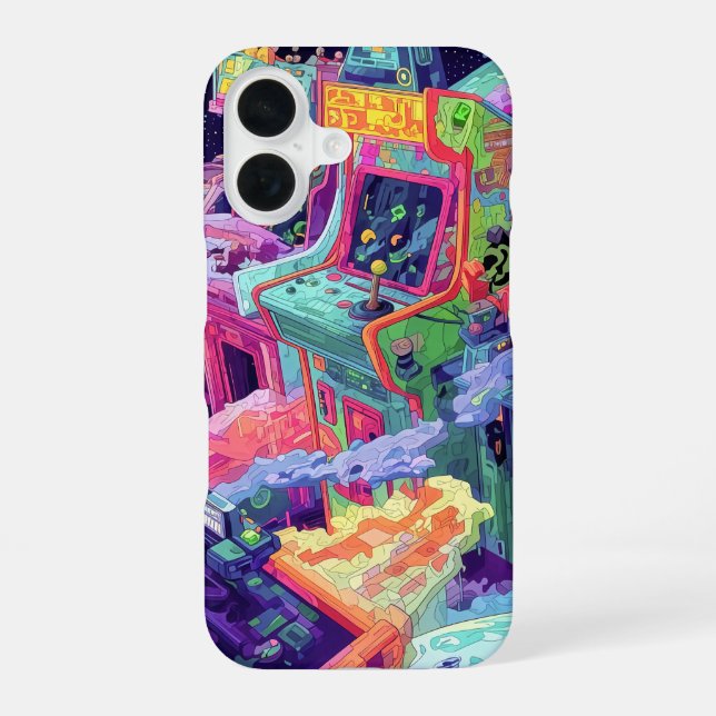Retro Arcade Machines in Space iPhone 16 Case (Back)