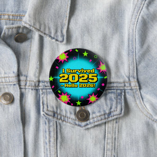 Retro Arcade Style "I Survived 2025 - Hello 2026!" 7.5 Cm Round Badge