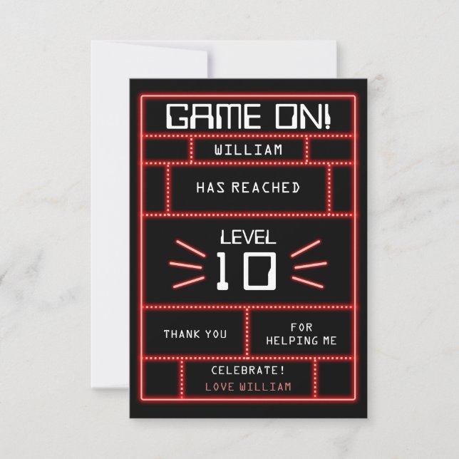 Retro Arcade Video Game Neon Kids Birthday  Thank You Card (Front)