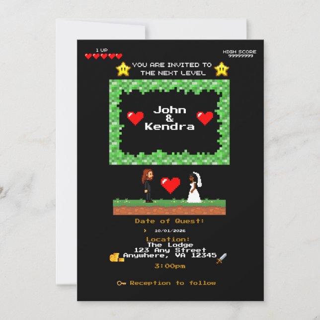 Retro Arcade Video Game Wedding Invitation (Front)