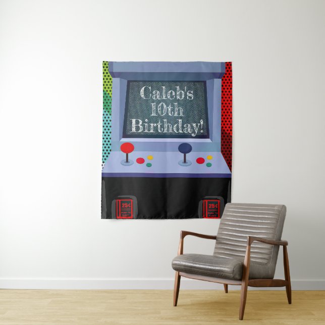 Retro Arcade Video Games Birthday Party Backdrop Tapestry (In Situ)
