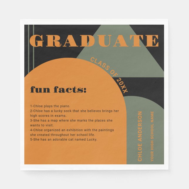 Retro Arch Green & Orange Fun Facts Graduation Napkin (Front)