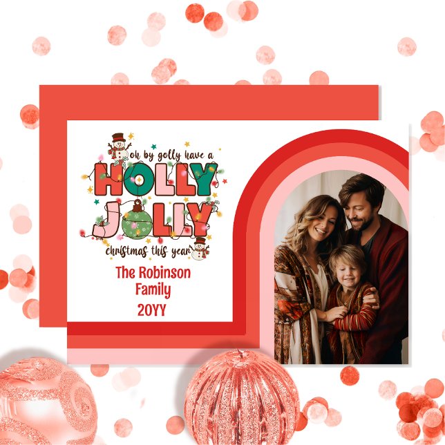 Retro Arch Holly Jolly Christmas Family Photo Holiday Card (Retro Arched Photo "Holly Jolly" Christmas Family Holiday Card in Pink and Red)
