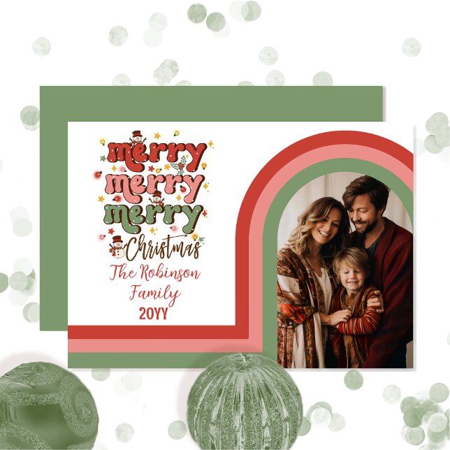 Retro Arch Merry Christmas Family Photo Holiday Card (Retro Arched Photo Merry Christmas Family Photo Holiday Card - Retro Pink, Red and Green)