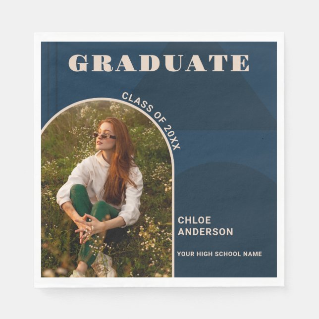 Retro Arch Navy Blue Photo Graduation Napkin (Front)