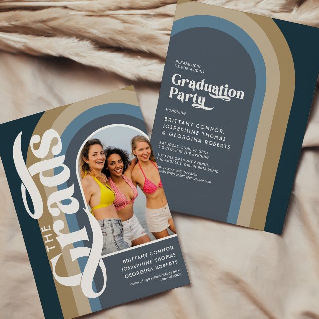 Retro Arch Photo 2025 Blue Joint Graduation Party Invitation (Creator Uploaded)