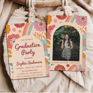 Retro Arch Photo Floral Rainbow Graduation Party Invitation