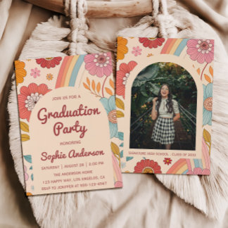 Retro Arch Photo Floral Rainbow Graduation Party   Invitation