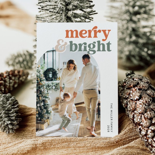 Retro Arch Photo Merry & Bright Holiday Card (Creator Uploaded)