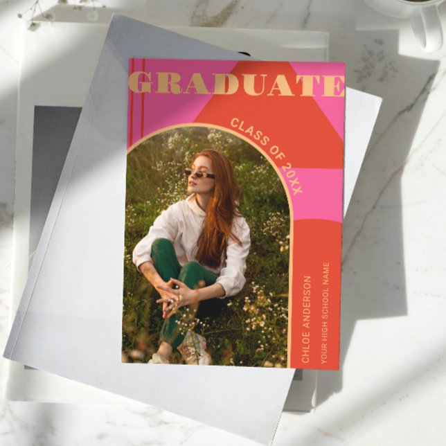 Retro Arch Pink & Orange Photo Grad Announcement (Creator Uploaded)
