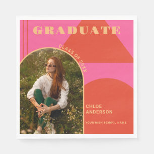 Retro Arch Pink & Orange Photo Graduation Napkin