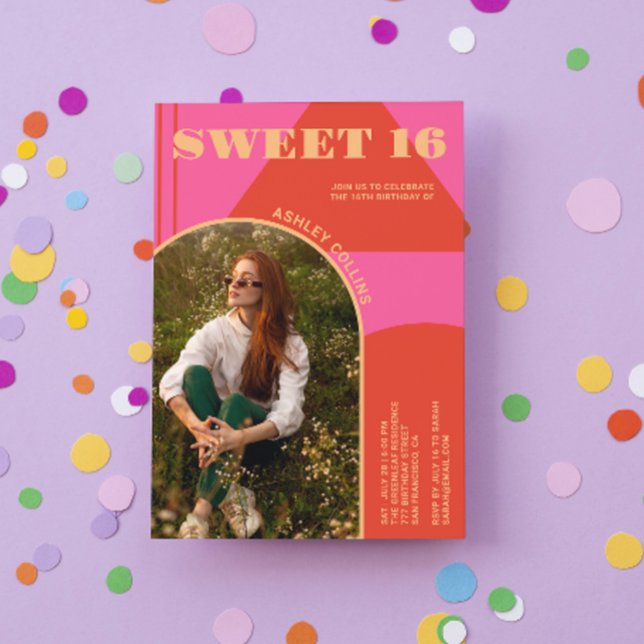 Retro Arch Pink & Orange Photo Sweet 16 Birthday Invitation (Creator Uploaded)