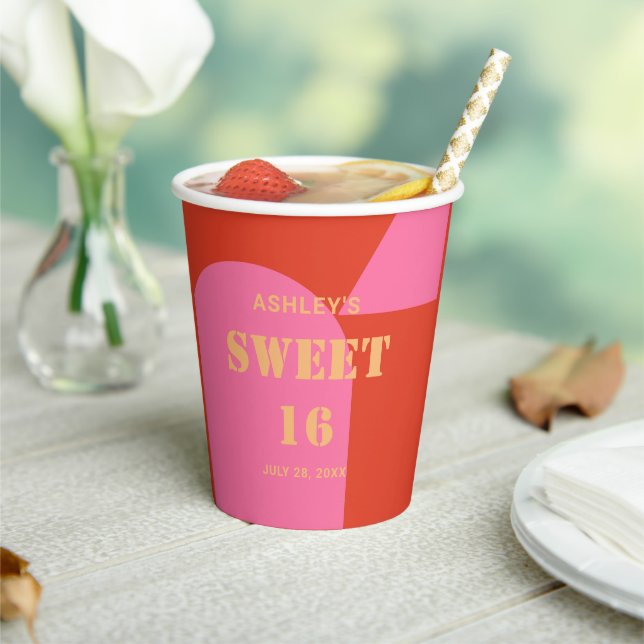 Retro Arch Pink & Orange Sweet 16 Birthday  Paper Cups (Insitu)