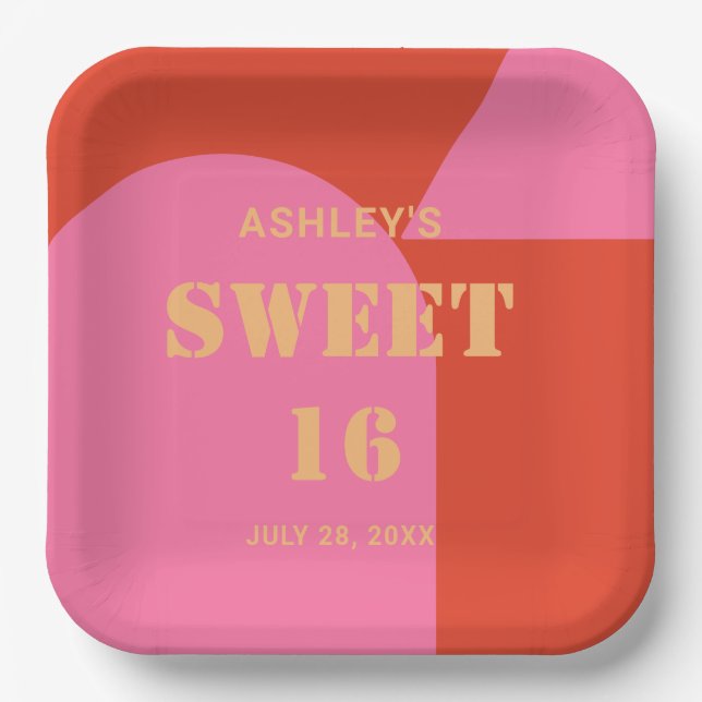 Retro Arch Pink & Orange Sweet 16 Birthday  Paper Plate (Front)