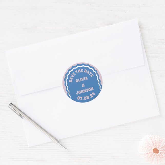 Retro Arch Wedding Date Save the Date Blue Classic Round Sticker (Envelope)