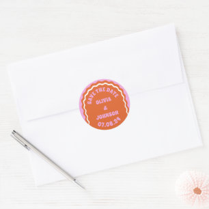 Retro Arch Wedding Date Save the Date Pink Orange Classic Round Sticker