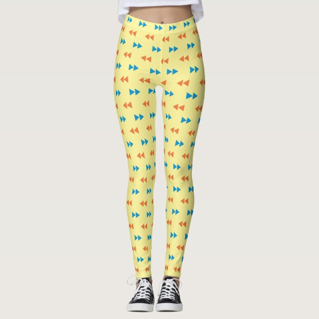Retro Arrow Pattern in Blue and Orange over Yellow Leggings (Front)
