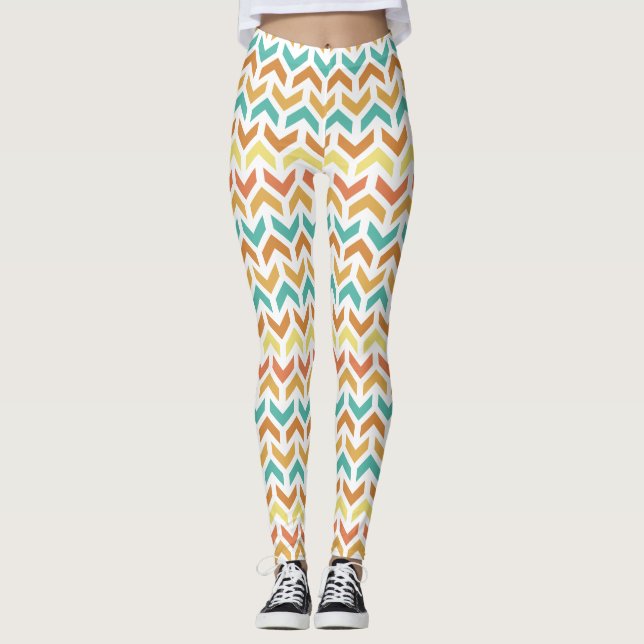 Retro Arrows Chevron Orange Teal Gold Pattern Leggings (Front)