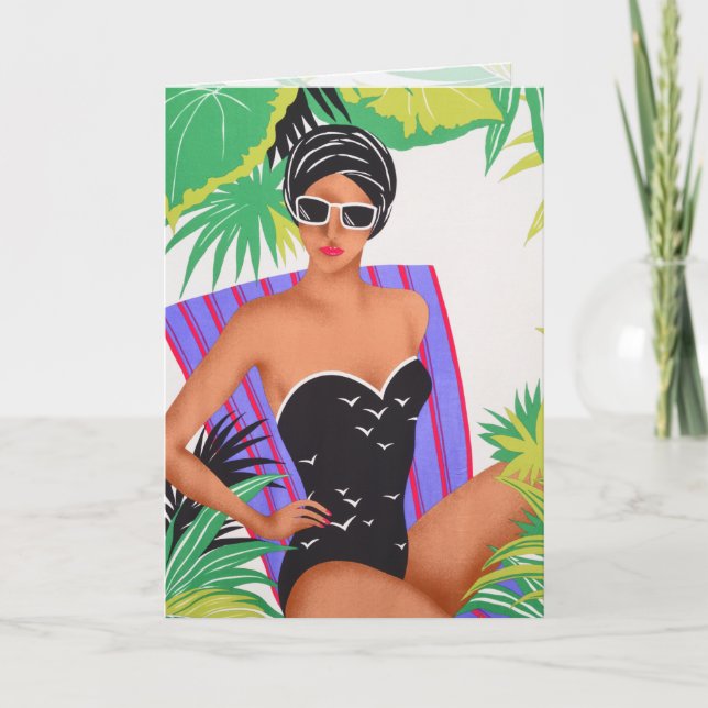 Retro Art 80s Pin-up Beach Party Birthday Card (Front)