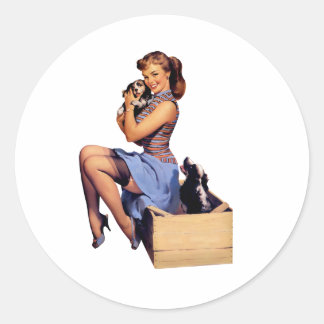 Retro Art Brunette Pin-up Girl with Puppies Dogs  Classic Round Sticker