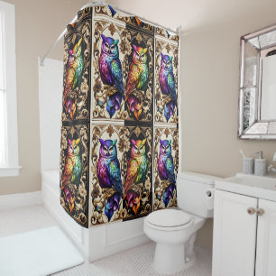 Retro Art Deco Art Nouveau Rainbow Owls Shower Curtain