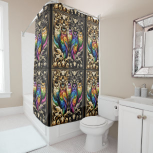 Retro Art Deco Art Nouveau Rainbow Owls Shower Curtain