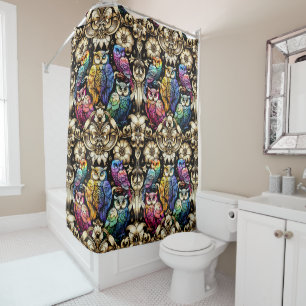 Retro Art Deco Art Nouveau Rainbow Owls Shower Curtain