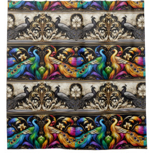 Retro Art Deco Art Nouveau Rainbow Peacocks Shower Curtain