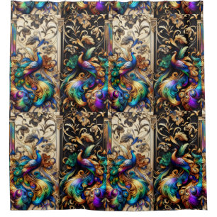 Retro Art Deco Art Nouveau Rainbow Peacocks Shower Curtain