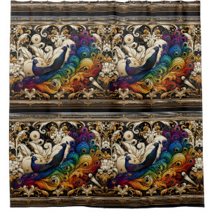 Retro Art Deco Art Nouveau Rainbow Peacocks Shower Curtain