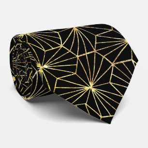 Retro Art Deco Black Gold Geometric Pattern Tie