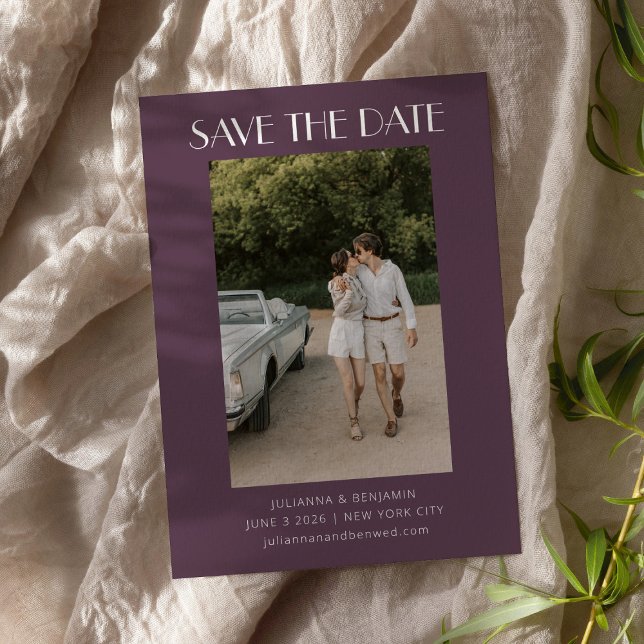 Retro Art Deco Dark Dusty Purple Photo Wedding Save The Date (Creator Uploaded)