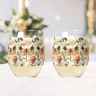 Retro Art Deco Dragonfly, pink roses Stemless Wine Glass