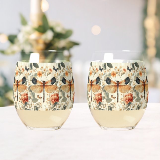 Retro Art Deco Dragonfly, pink roses  Stemless Wine Glass (Insitu (Wedding))