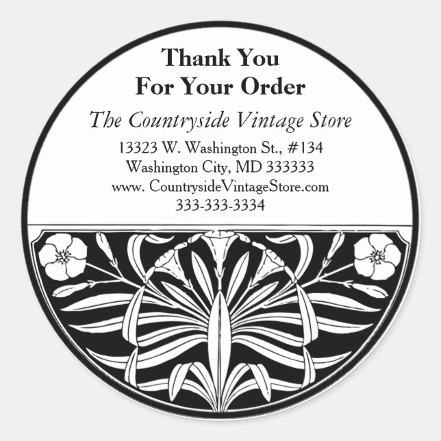 Retro Art Deco Floral Business Thank You Address Classic Round Sticker (Front)