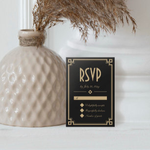 Retro Art Deco Frame Classic Black Gold Wedding RSVP Card