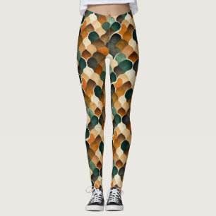 Retro Art Deco Geometry in Warm Gold & Green Leggings