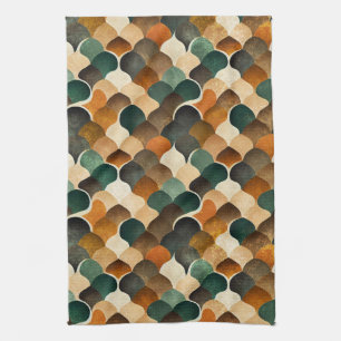 Retro Art Deco Geometry in Warm Gold & Green Tea Towel
