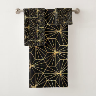 Retro Art Deco Gold Black Geometric Pattern Bath Towel Set