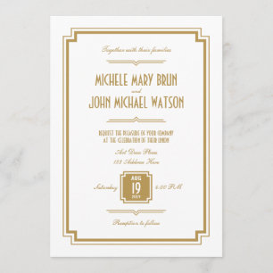 Retro Art Deco Gold Colour White Wedding Invitatio Invitation