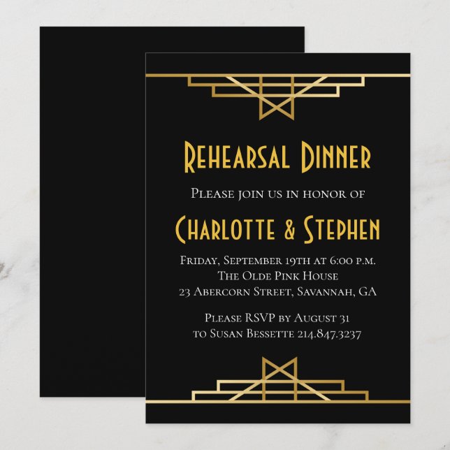 Retro Art Deco Great Gatsby Gold & Black Wedding Invitation (Front/Back)