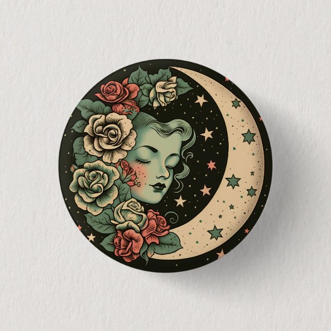 Retro Art Deco Green Crescent Moon Lady 3 Cm Round Badge (Front)
