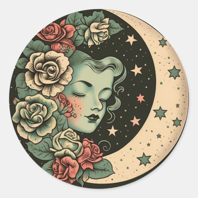 Retro Art Deco Green Crescent Moon Lady Classic Round Sticker (Front)