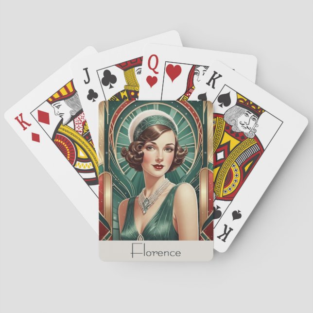 Retro Art Deco Inspired Portrait Woman Lady Custom Playing Cards (Back)