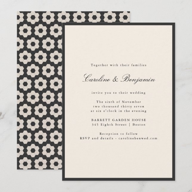 Retro Art Deco Ivory Black Geometric Tile Wedding Invitation (Front/Back)