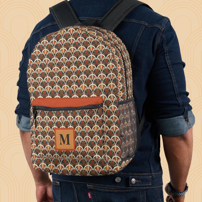 Retro Art Deco Jazz Age Muted Colours Monogram Printed Backpack (Creator Uploaded)