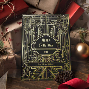 Retro Art Deco Merry Christmas Black and Gold Foil Holiday Card