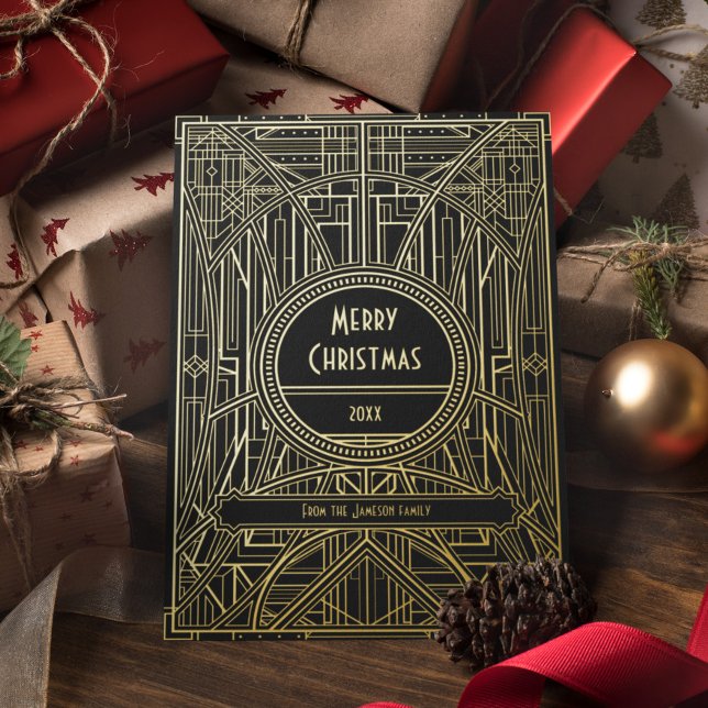 Retro Art Deco Merry Christmas Black and Gold Foil Holiday Card (Creator Uploaded)